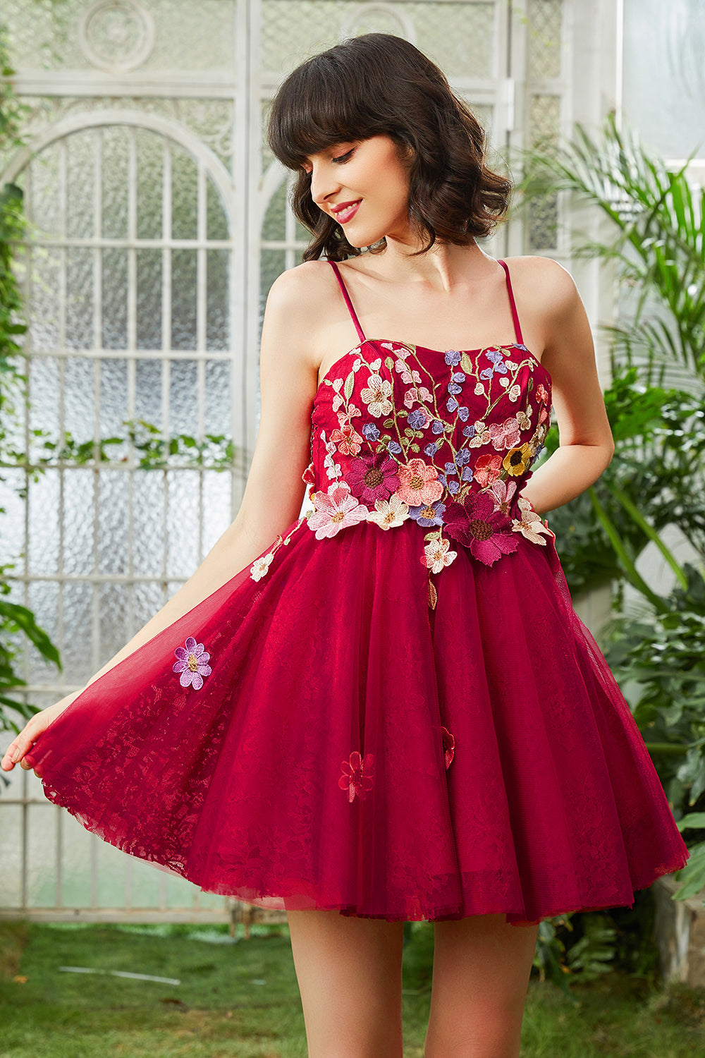 Burgundy Homecoming Dress A Line Spaghetti Straps Prom Dress With 3D Flowers