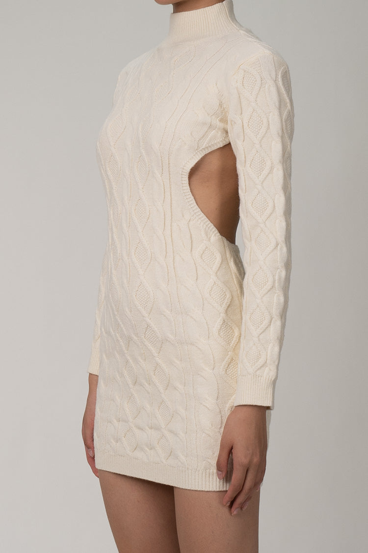 Backless High Neck Cable Knit Winter Sweater Mini Dress - Cream