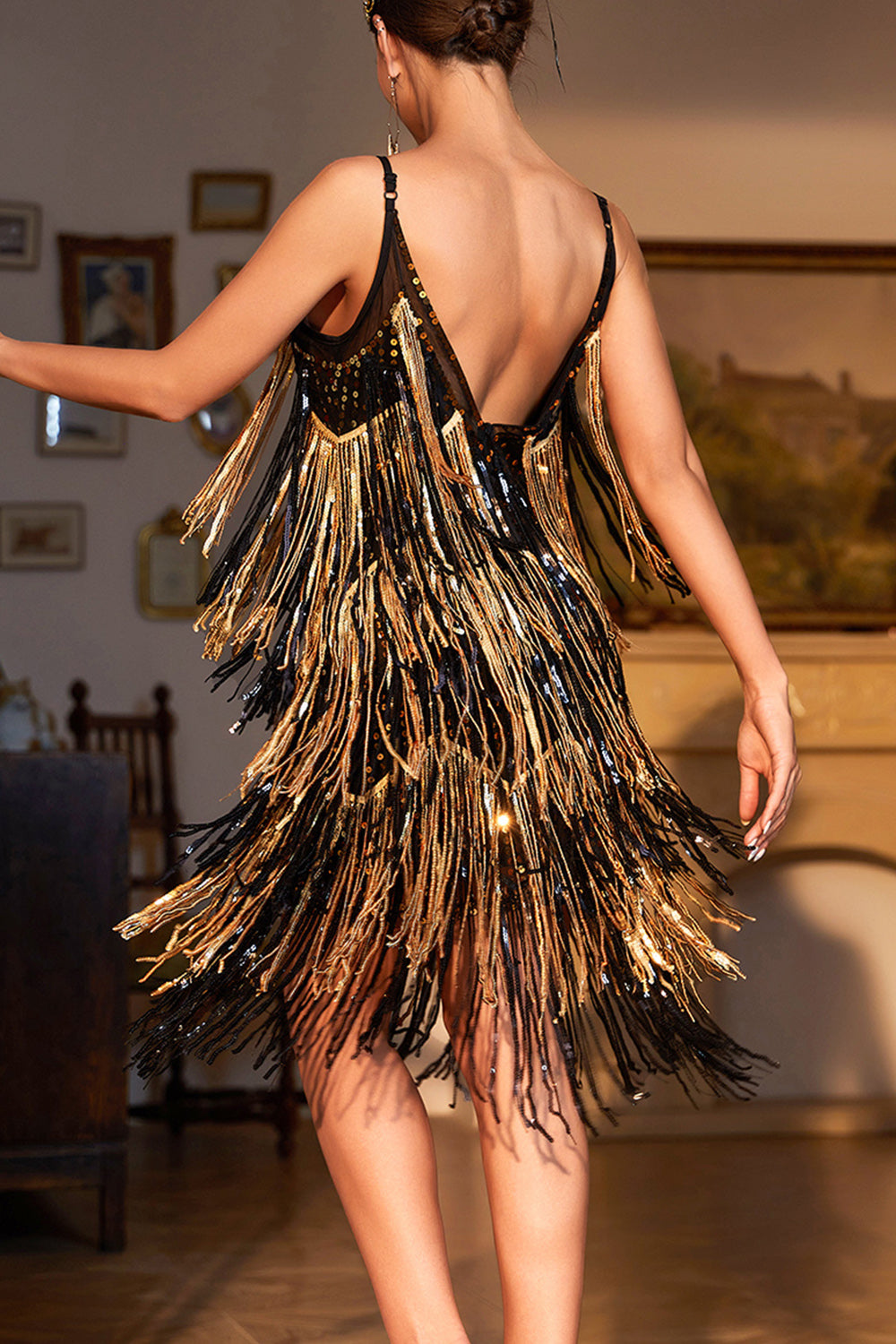 Black Golden Homecoming Dress A-Line Short Prom Dress with Fringes