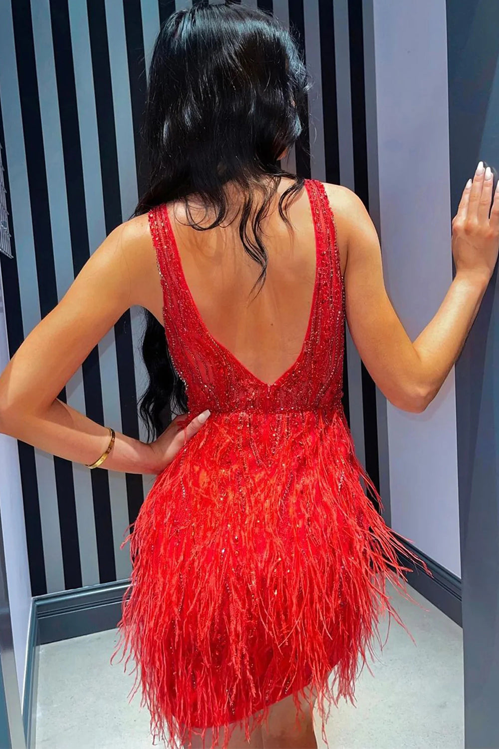 Red Homecoming Dress Beaded Sequin Tight Prom Dress with Feathers