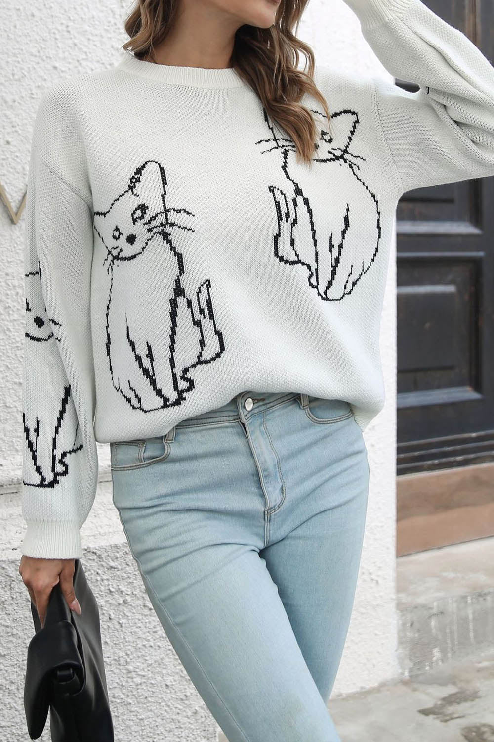 Cat Jacquard Loose Long Sleeve Sweater