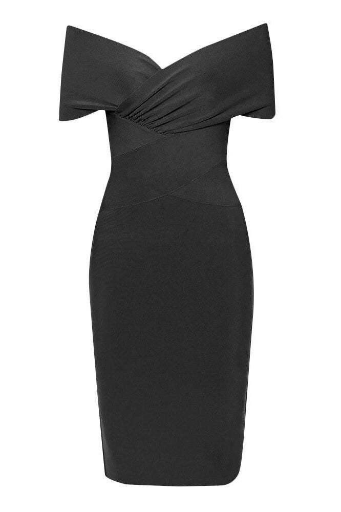 Woman wearing a figure flattering  Bea Bandage Dress - Classic Black Bodycon Collection