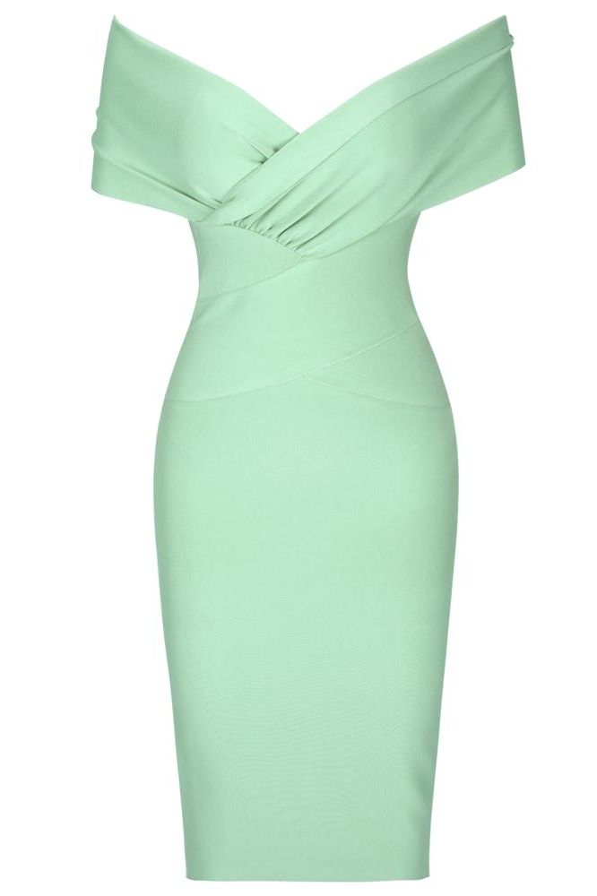 Woman wearing a figure flattering  Bea Bandage Dress - Mint Green Bodycon Collection