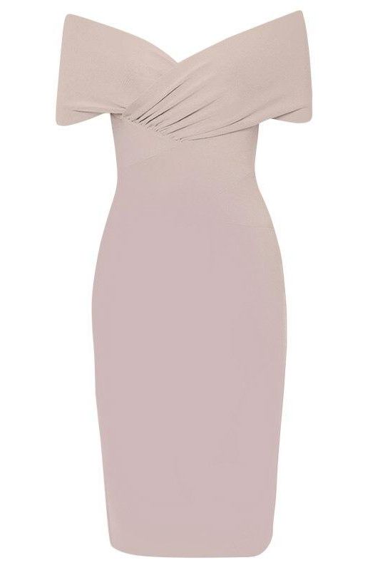 Woman wearing a figure flattering  Bea Bandage Dress - Nude Bodycon Collection