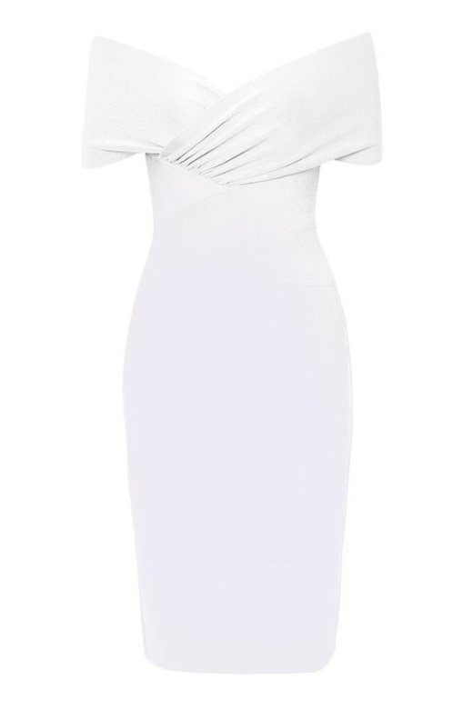 Woman wearing a figure flattering  Bea Bandage Dress - Pearl White Bodycon Collection