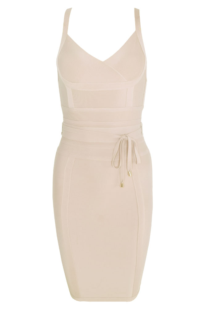 Woman wearing a figure flattering  Bek Bandage Dress - Cream Bodycon Collection