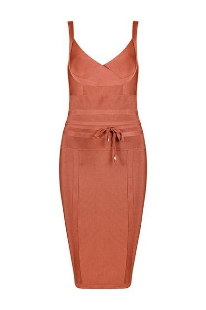 Woman wearing a figure flattering  Bek Bandage Dress - Deep Tan Brown Bodycon Collection