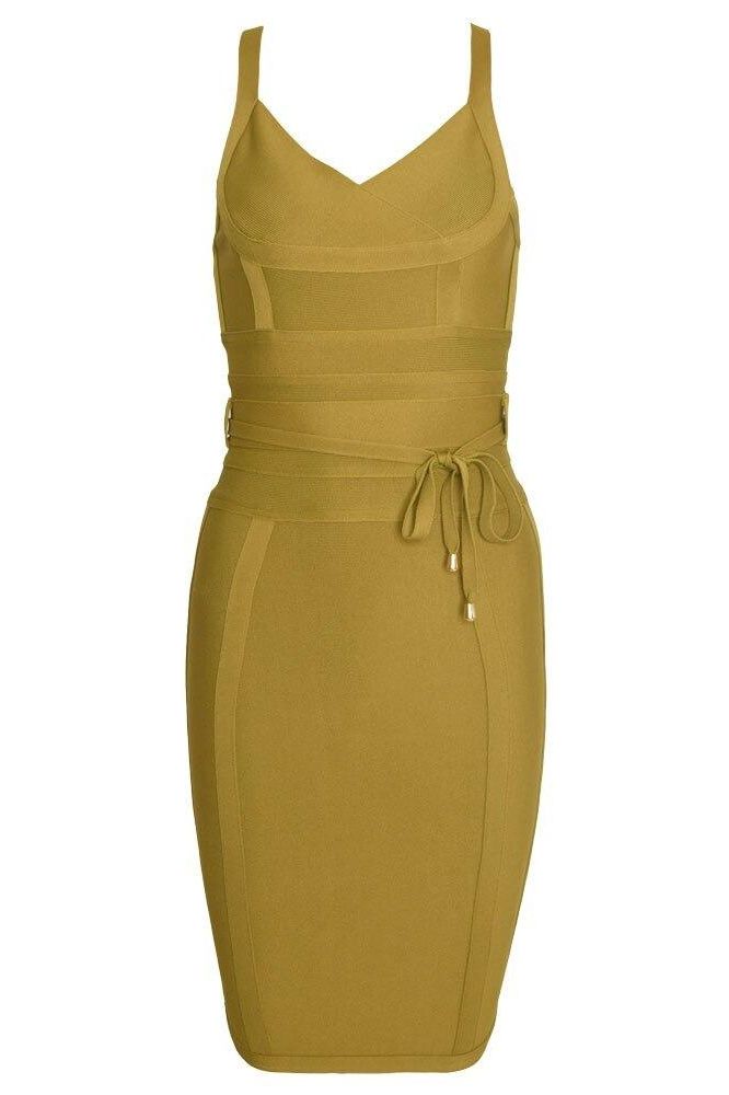 Woman wearing a figure flattering  Bek Bandage Dress - Olive Green Bodycon Collection