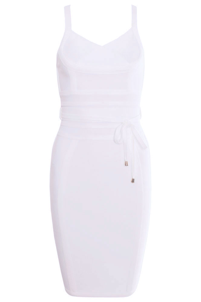 Woman wearing a figure flattering  Bek Bandage Dress - Pearl White Bodycon Collection