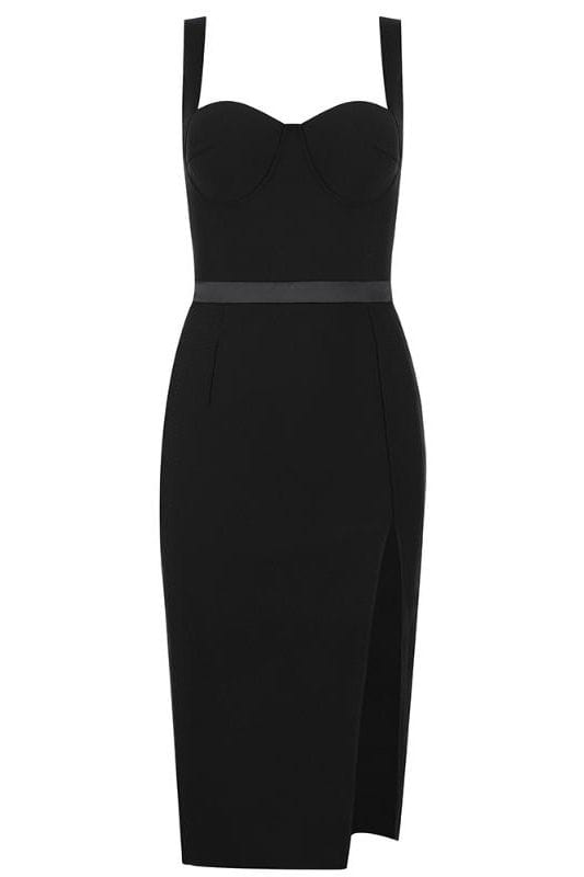 Woman wearing a figure flattering  Beth Bandage Corset Dress - Classic Black BODYCON COLLECTION