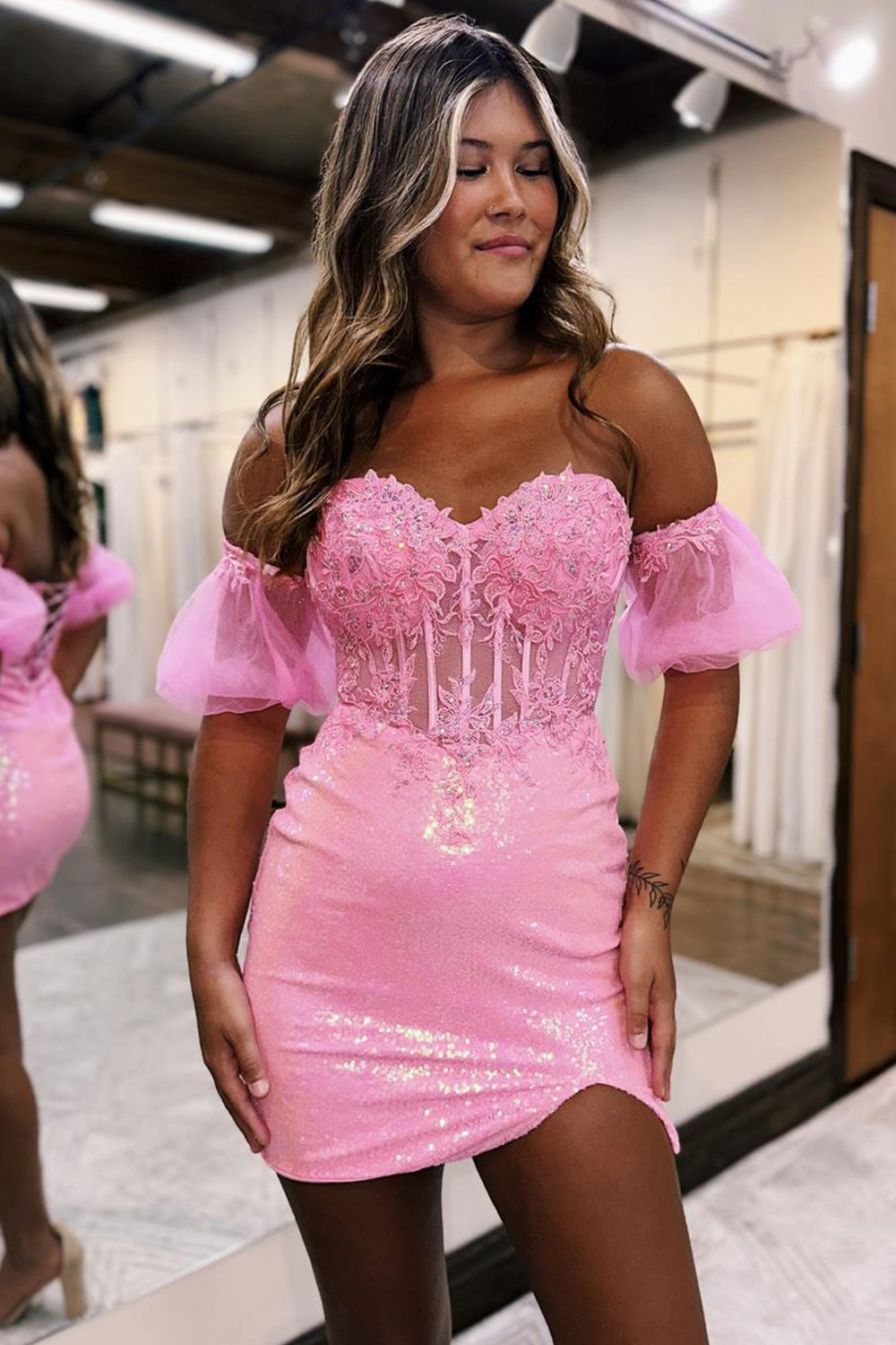 Pink Homecoming Dress Corset Detachable Short Sleeves Sequin Tight Short Prom Dress with Lace