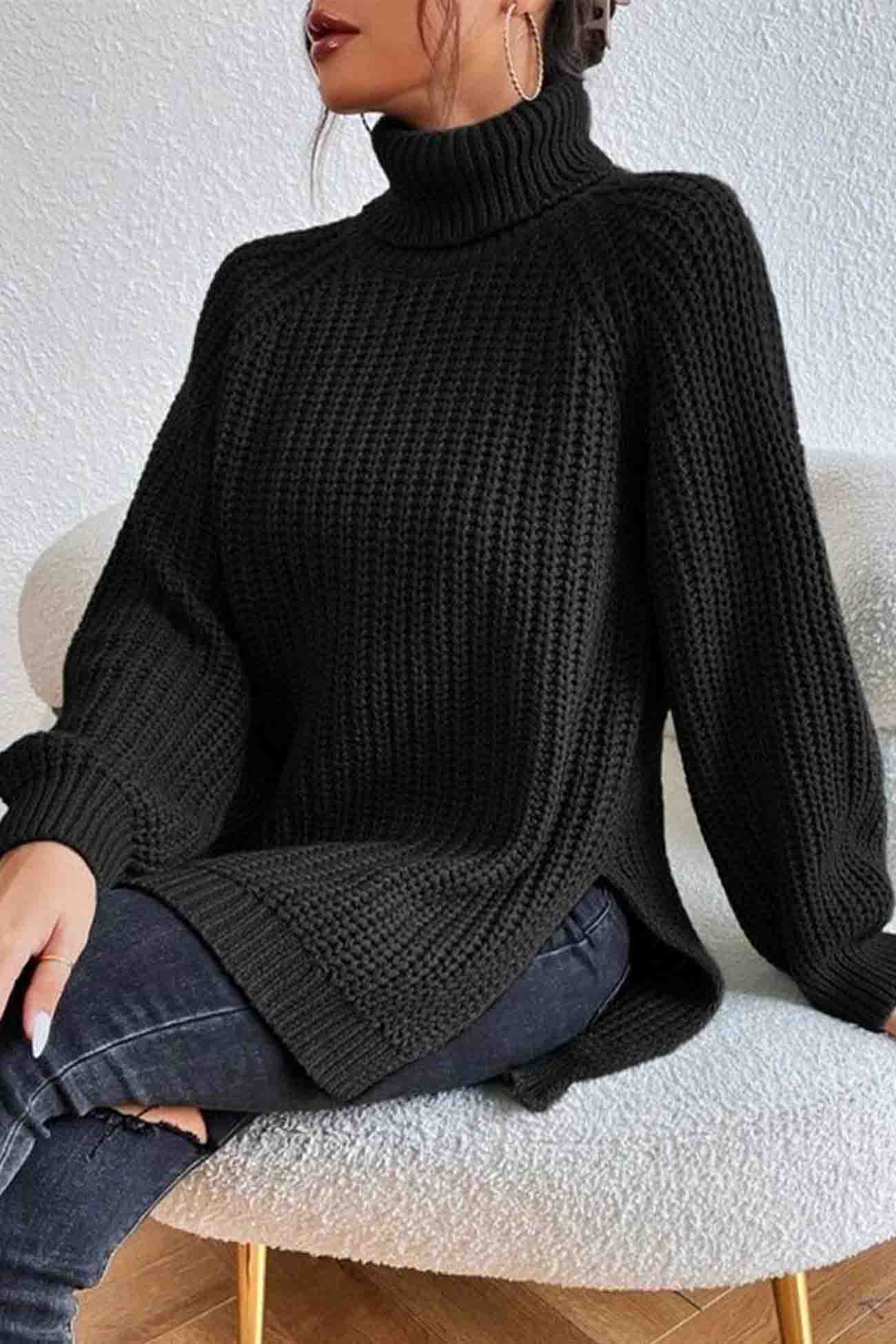 Raglan Sleeve Turtleneck Slit Mid-Length Sweater