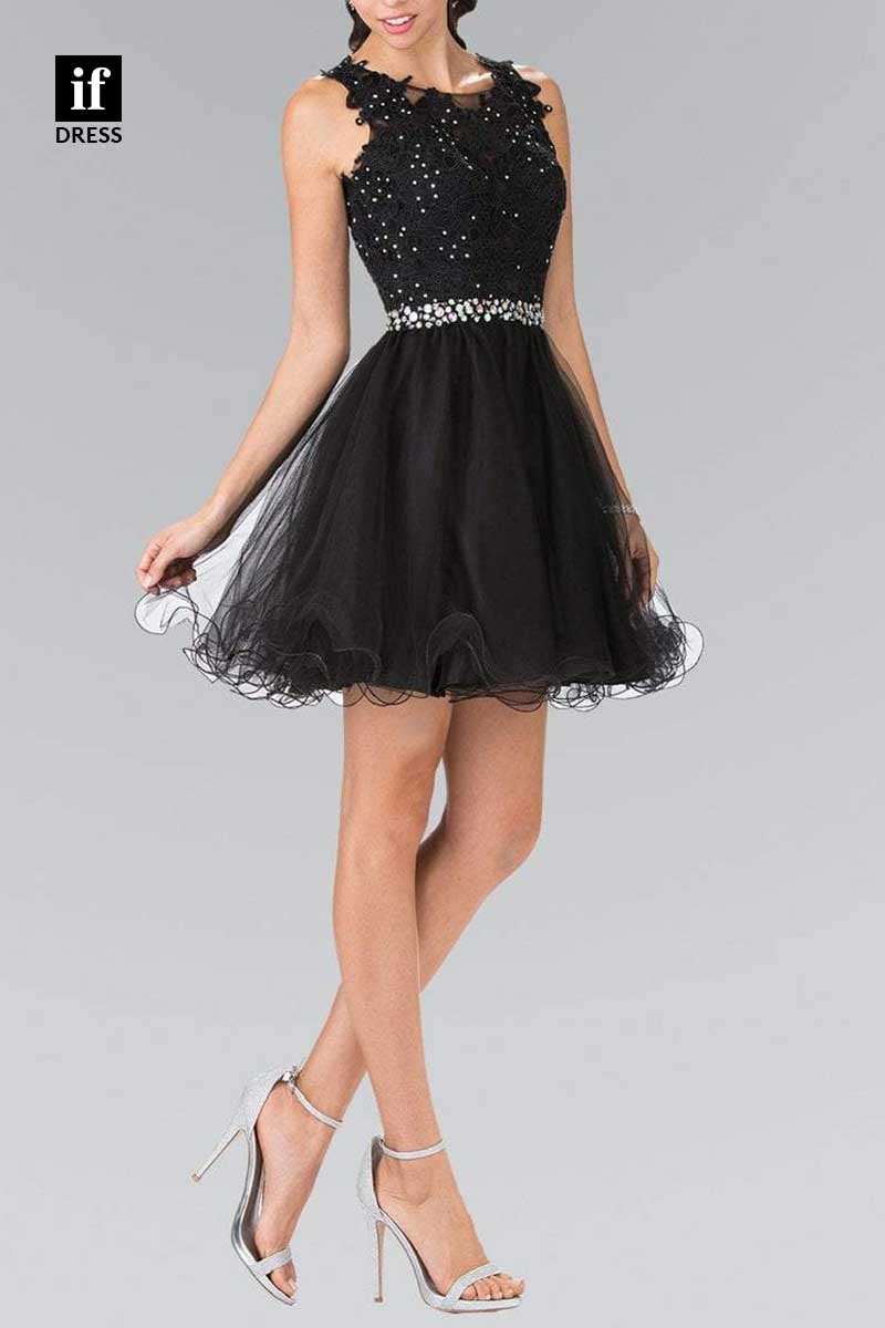 F1267 - A-Line Straps Appliques Sleeveless Belt Party Cocktail Homecoming Dress