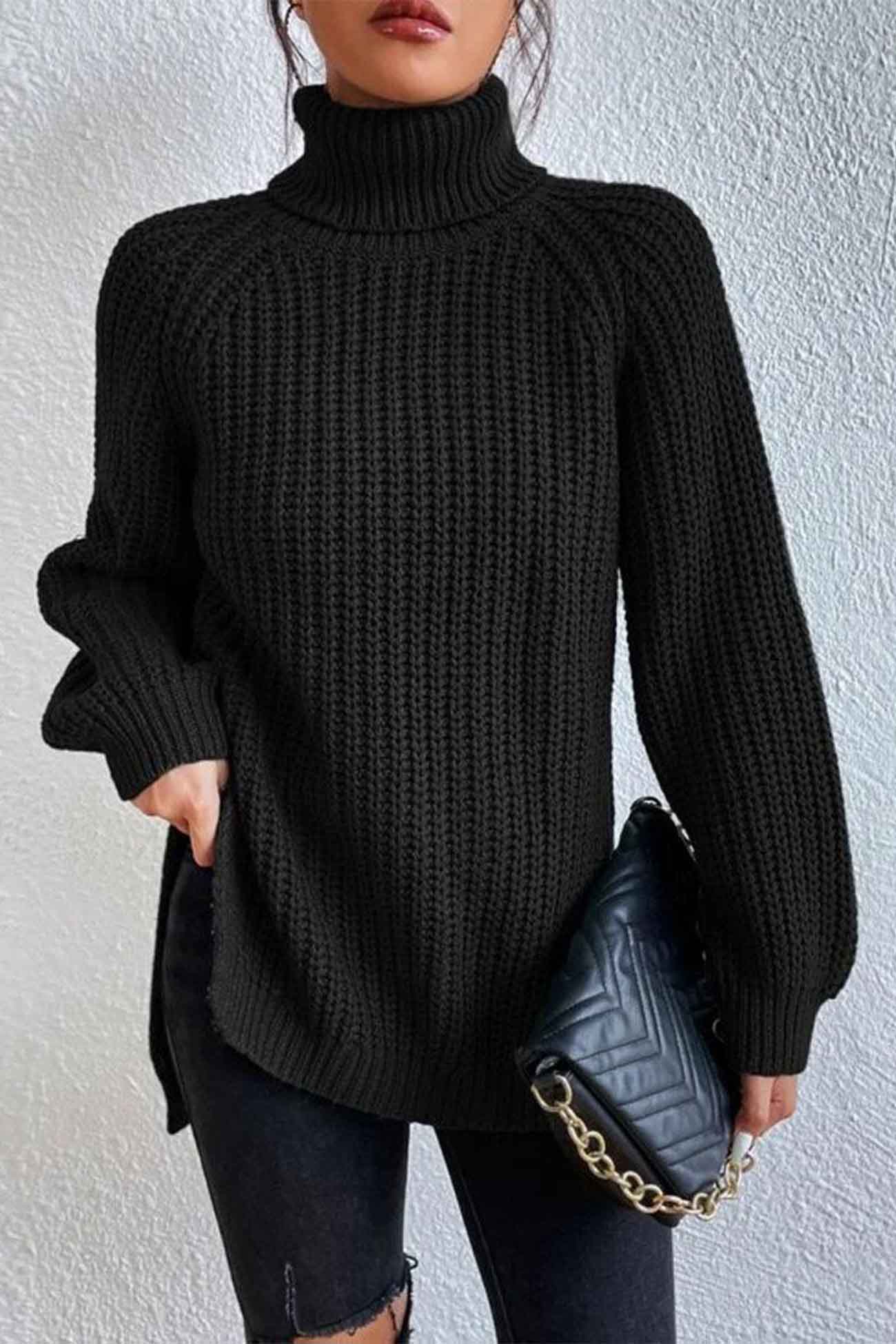 Raglan Sleeve Turtleneck Slit Mid-Length Sweater