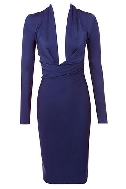 Woman wearing a figure flattering  Blaire Long Sleeve Bandage Dress - Navy Blue BODYCON COLLECTION