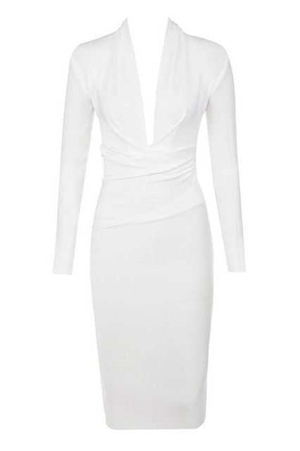 Woman wearing a figure flattering  Blaire Long Sleeve Bandage Dress - Pearl White BODYCON COLLECTION