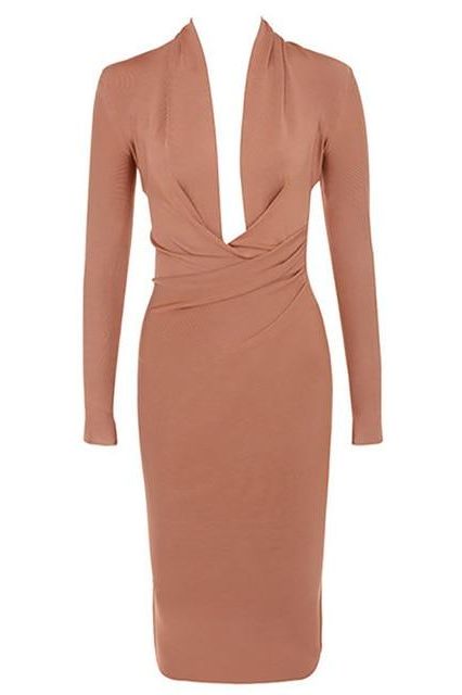 Woman wearing a figure flattering  Blaire Long Sleeve Bandage Dress - Tan Brown BODYCON COLLECTION