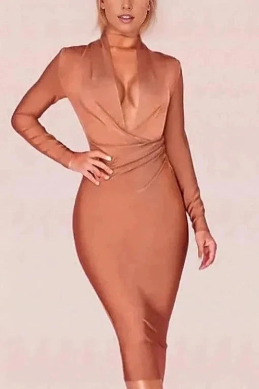 Blaire Long Sleeve Bandage Dress - Tan Brown