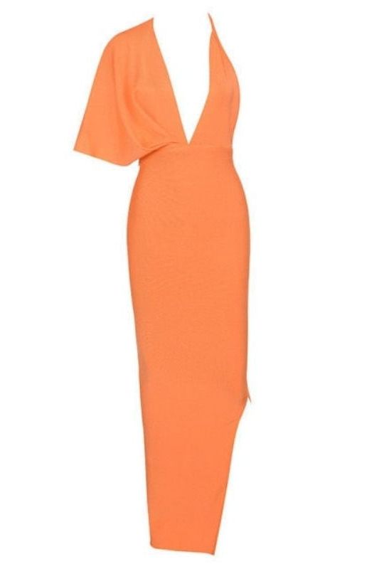 Woman wearing a figure flattering  Blake Bandage Maxi Dress - Apricot Orange BODYCON COLLECTION