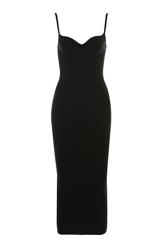 Woman wearing a figure flattering  Blanche Bandage Midi Dress - Classic Black BODYCON COLLECTION