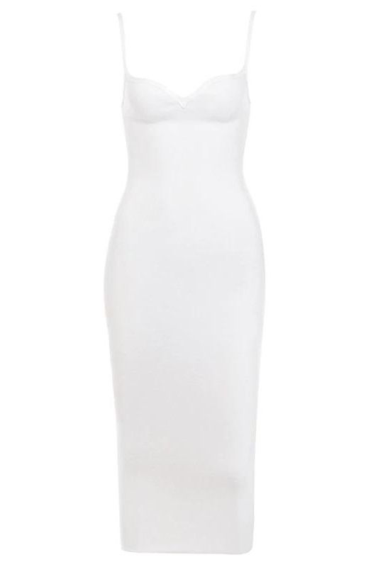 Woman wearing a figure flattering  Blanche Bandage Midi Dress - Pearl White BODYCON COLLECTION