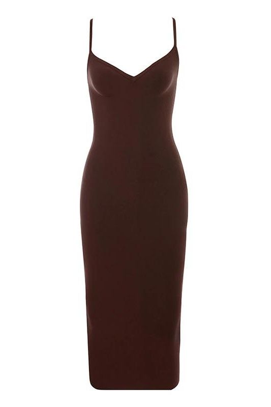 Woman wearing a figure flattering  Blanche Bandage Midi Dress - Tan Brown BODYCON COLLECTION