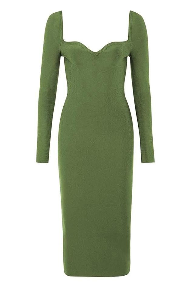 Woman wearing a figure flattering  Blanche Long Sleeve Bandage Midi Dress - Olive Green BODYCON COLLECTION