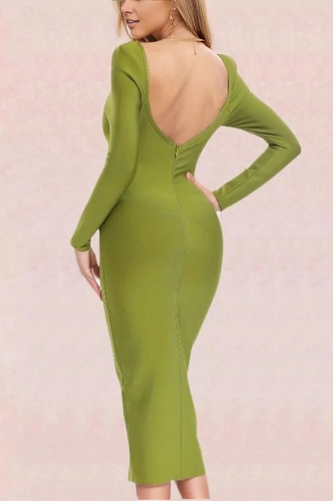 Blanche Long Sleeve Bandage Midi Dress - Olive Green