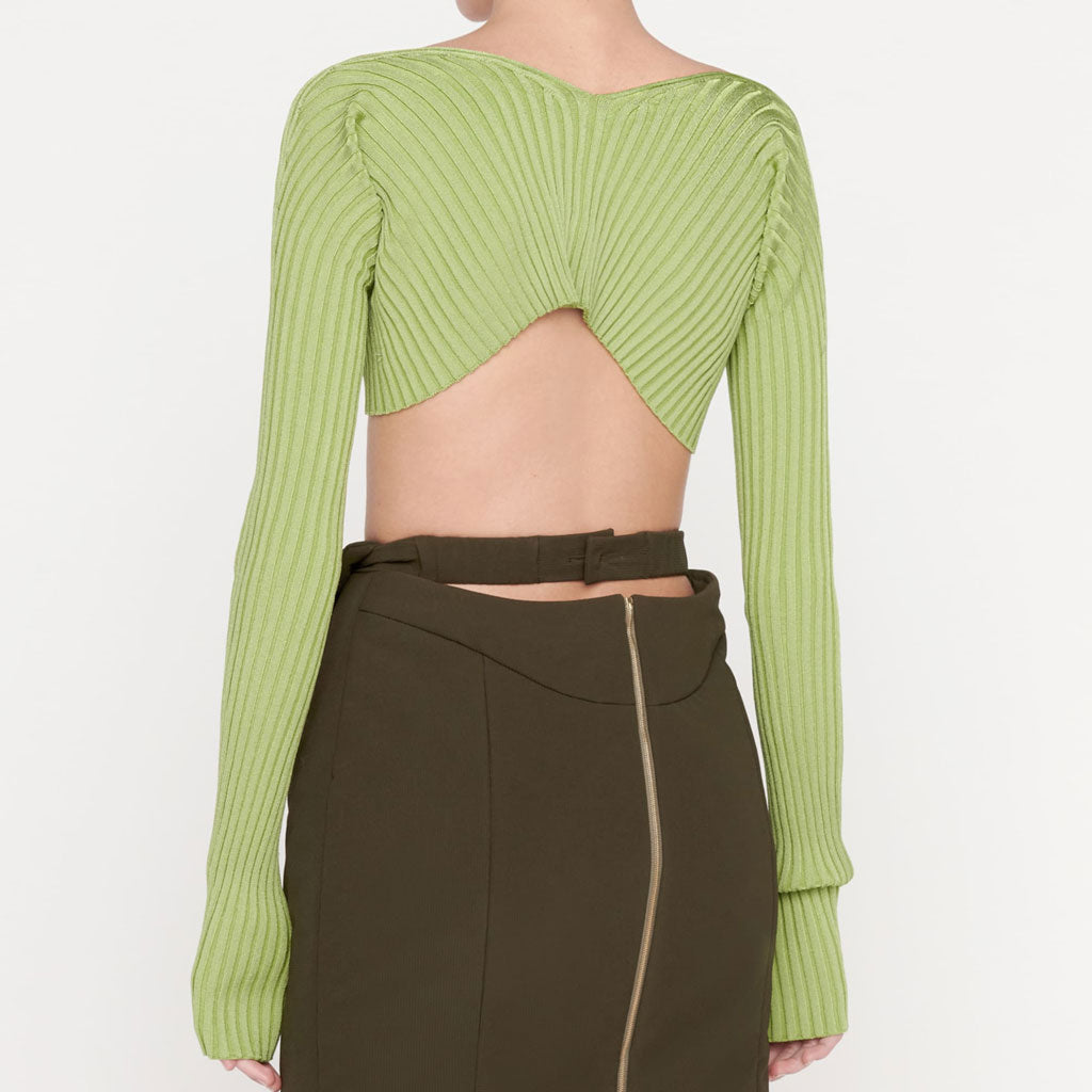 Bold Letter Chain Open Front Long Sleeve Ribbed Crop Cardigan - Green