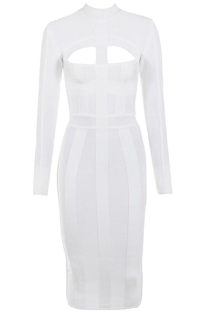 Woman wearing a figure flattering  Brooke Long Sleeve Bandage Dress - Pearl White BODYCON COLLECTION