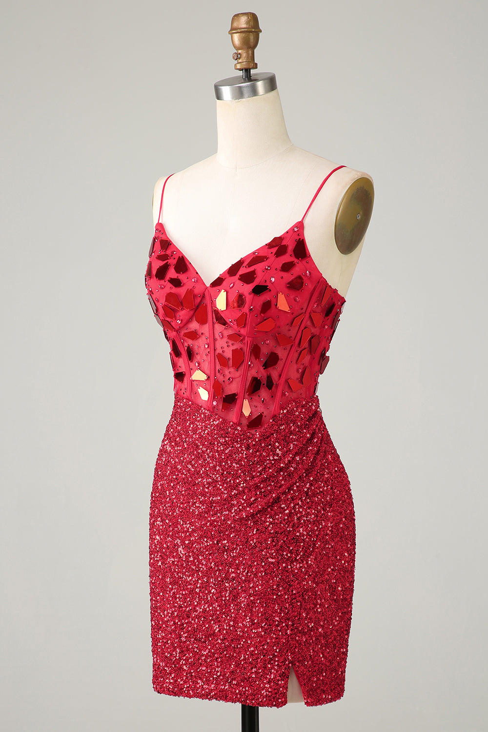 Red Homecoming Dress Sequin Spaghetti Straps Mirror Tight Short Hoco Dress