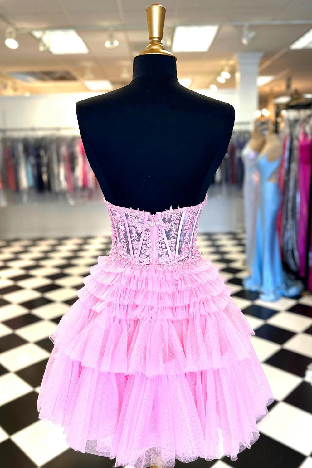 Glitter Pink Homecoming Dress Corset A-Line Tiered Short Prom Dress with Lace