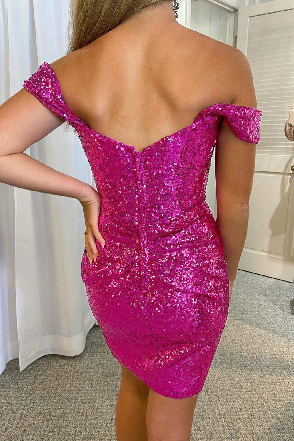 Fuchsia Homecoming Dress Detachable Off the Shoulder Sequin Tight Prom Dress