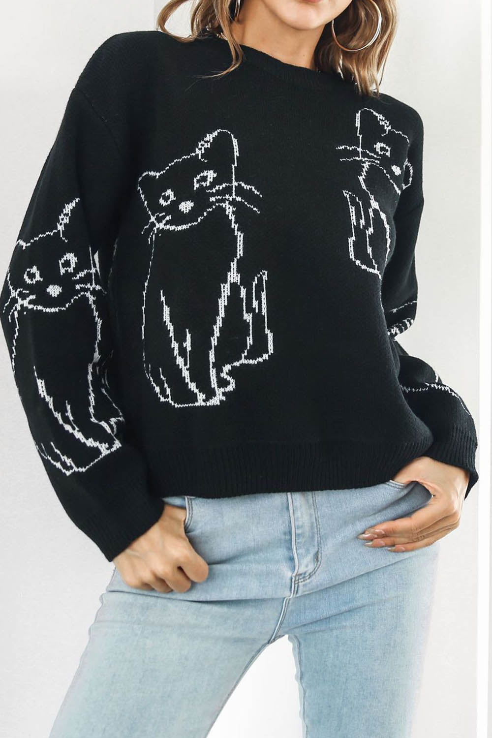 Cat Jacquard Loose Long Sleeve Sweater