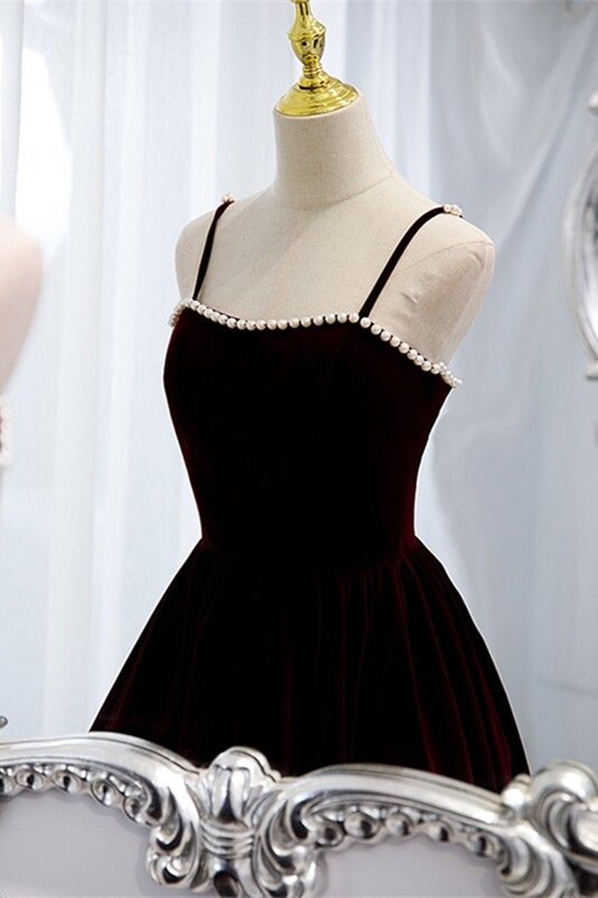 Wine Red Velvet Tea Length Party Dress, Wine Red Straps Homecoming Dress