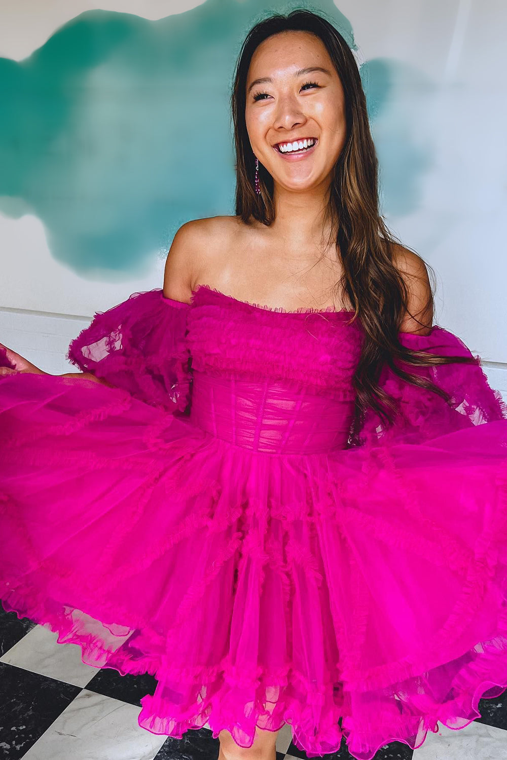 Fuchsia Homecoming Dress Corset Puff Sleeves A-Line Short Prom Dress with Ruffles