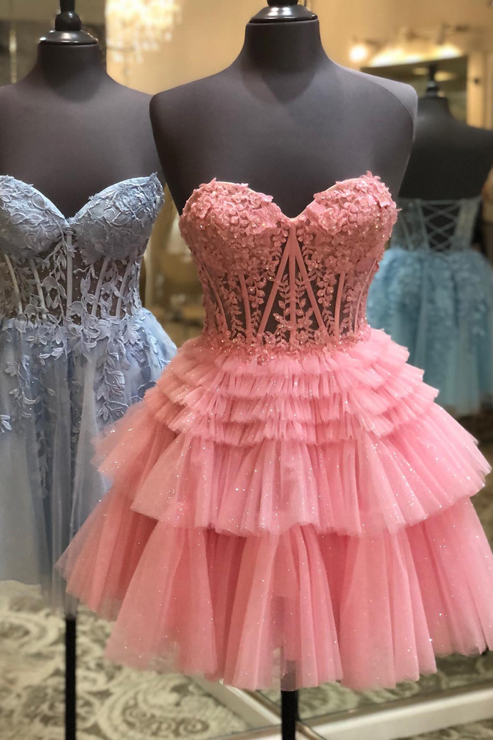 Glitter Pink Homecoming Dress Corset A-Line Tiered Short Prom Dress with Lace