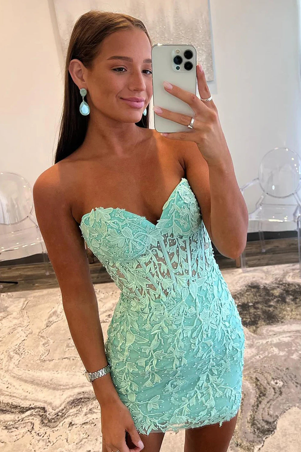 Mint Homecoming Dress Lace Sweetheart Tight Short Prom Dress