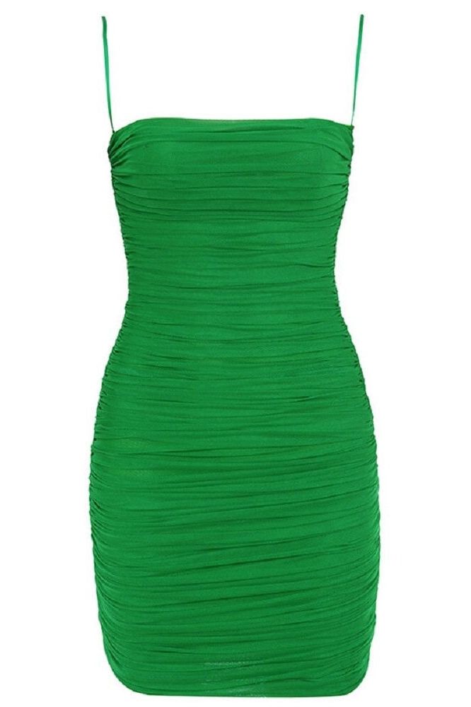 Woman wearing a figure flattering  Cassie Bodycon Wrap Mini Dress - Emerald Green BODYCON COLLECTION