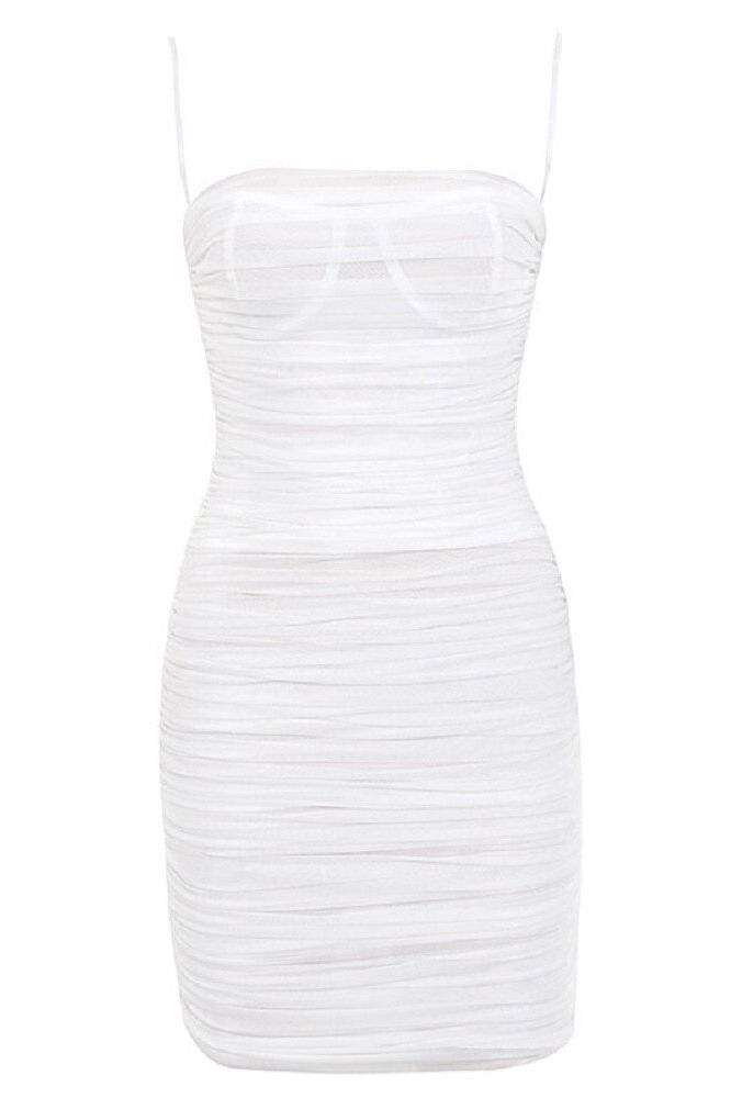 Woman wearing a figure flattering  Cassie Bodycon Wrap Mini Dress - Pearl White BODYCON COLLECTION