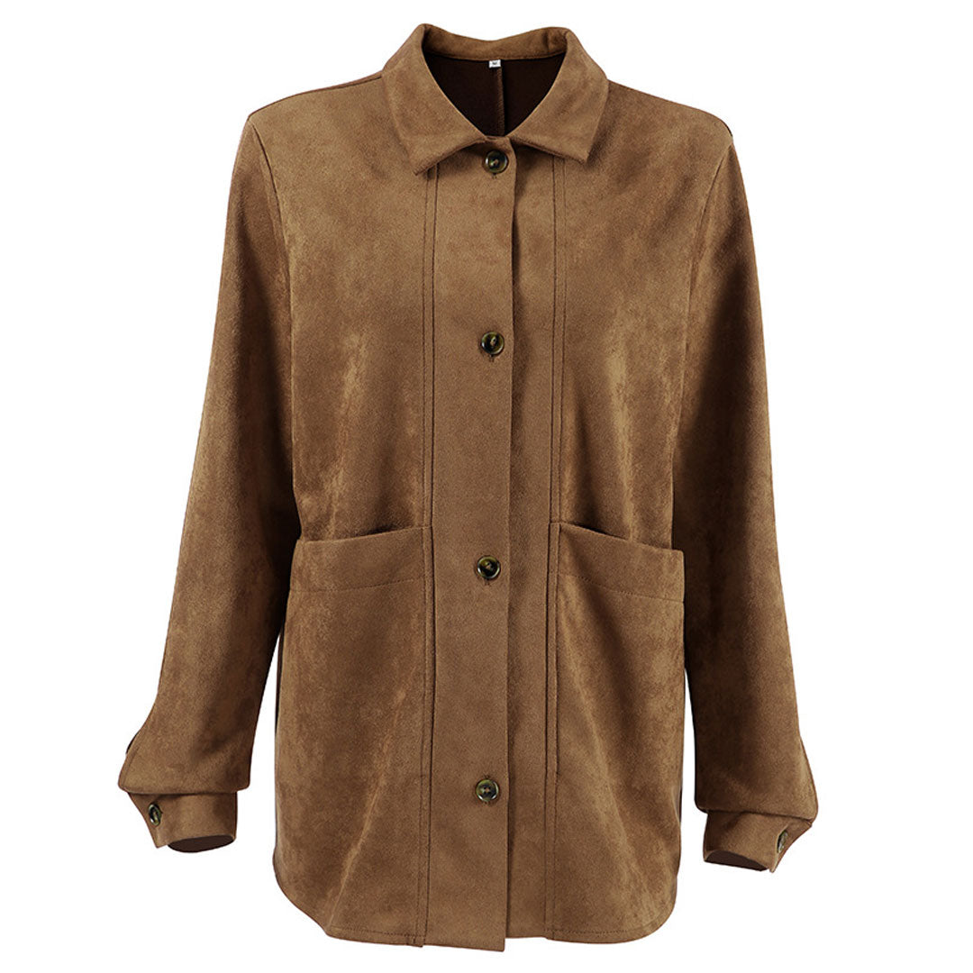 Casual Folded Collar Cargo Pocket Long Sleeve Button Up Faux Suede Jacket