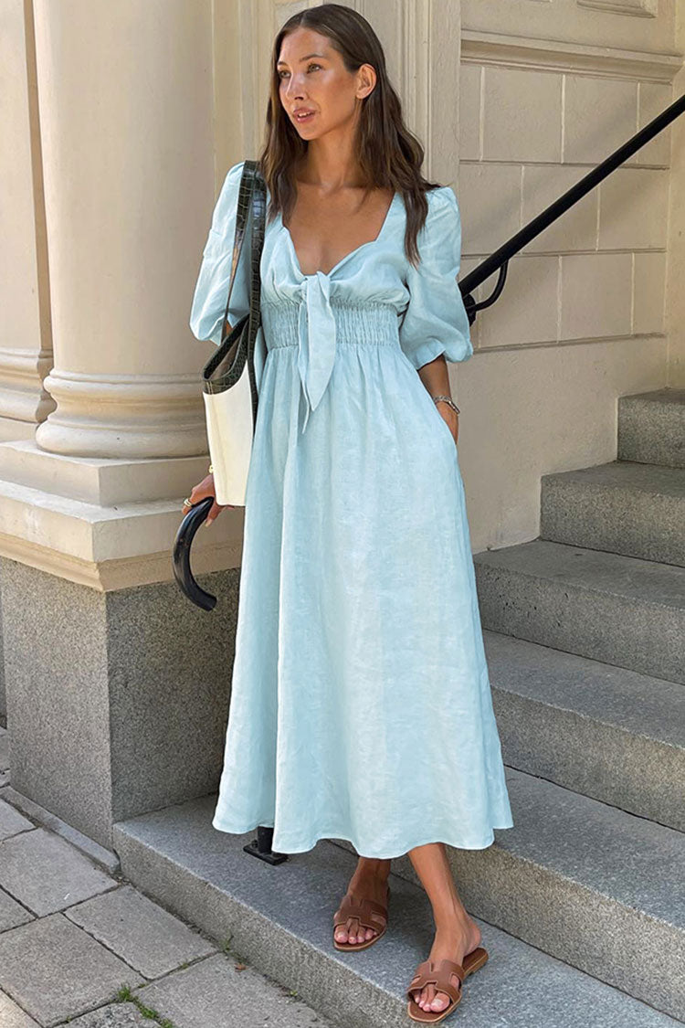 Casual Tie Front Puff Sleeve Cotton Linen Beach Vacation Midi Dress - Sky Blue