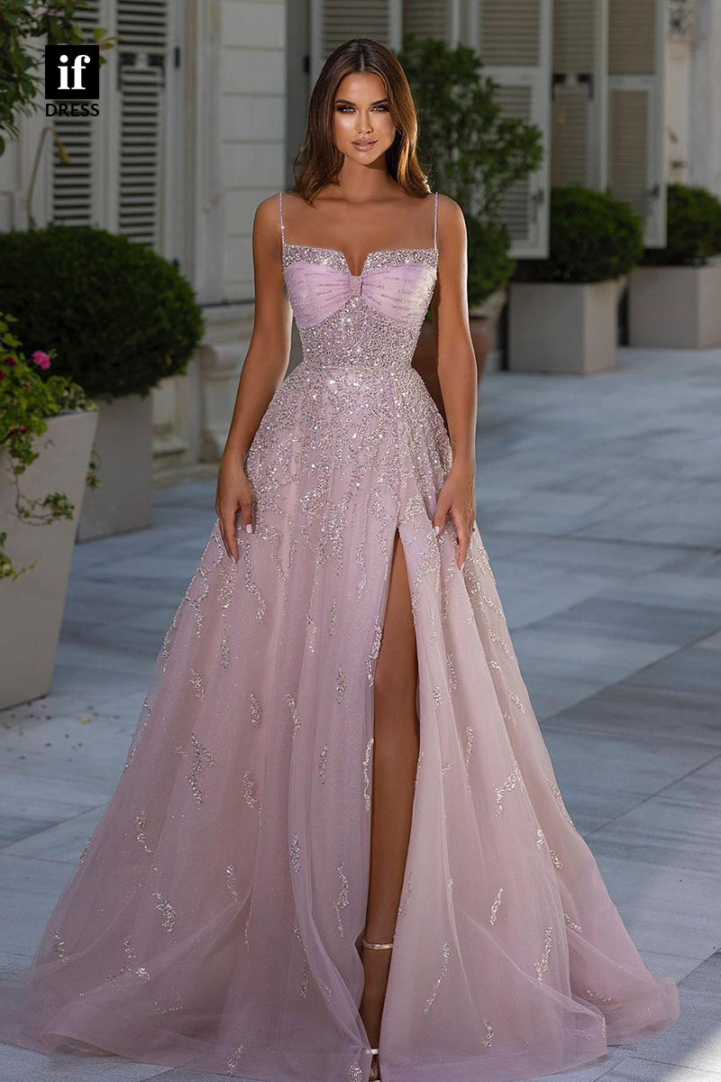 34753 - Sweet Spaghetti Straps A-Line Sequins Appliques Prom Evening Dress