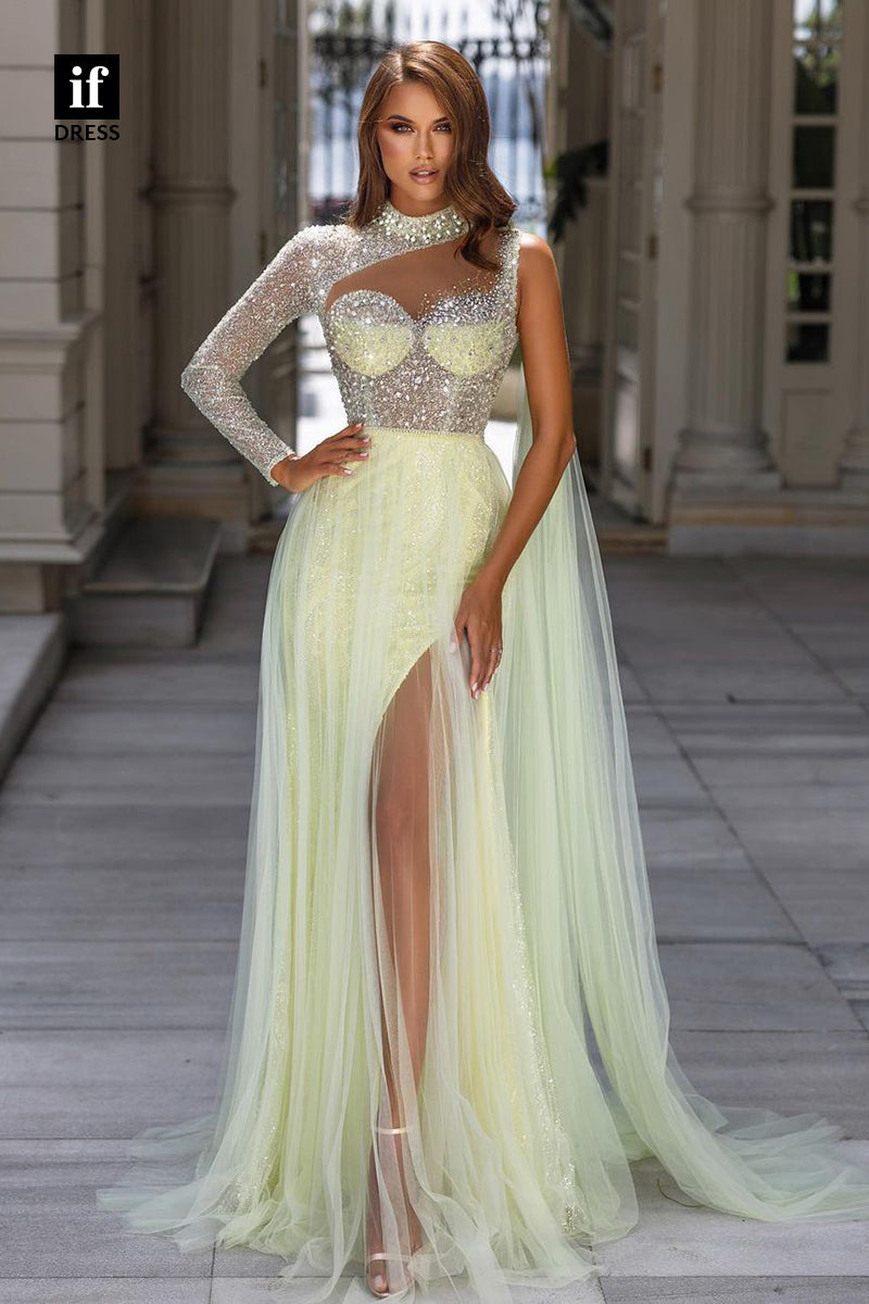 34754 - Wonderful Illusion Neck Beads A-Line Prom Evening Formal Dress with Slit