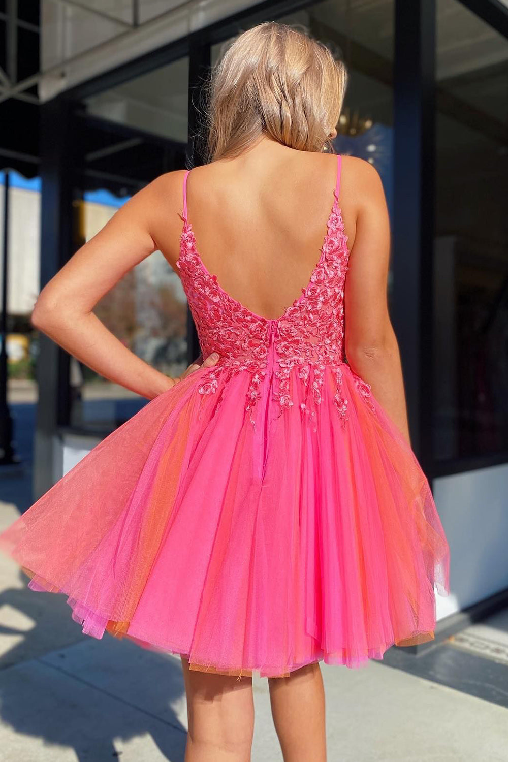 Hot Pink Homecoming Dress A-Line Tulle Short Prom Dress with Lace