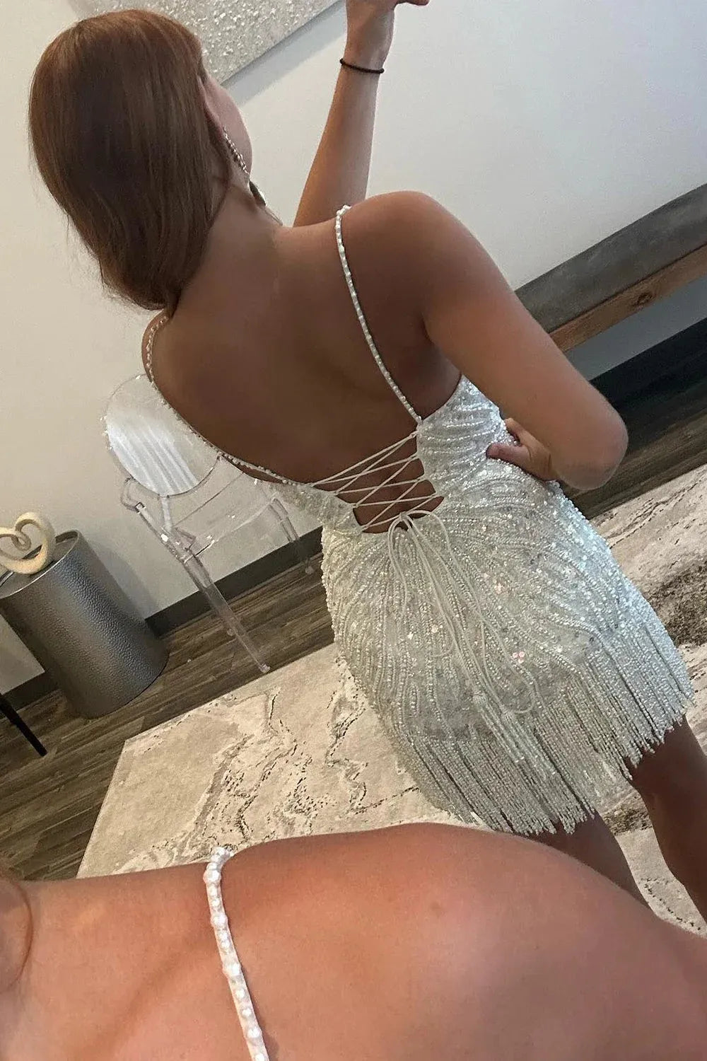 Homecoming Dress Beaded Lace-Up Back Tight Short Prom Dress with Fringes