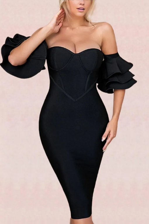 Woman wearing a figure flattering  Charlie Bandage Dress - Classic Black BODYCON COLLECTION