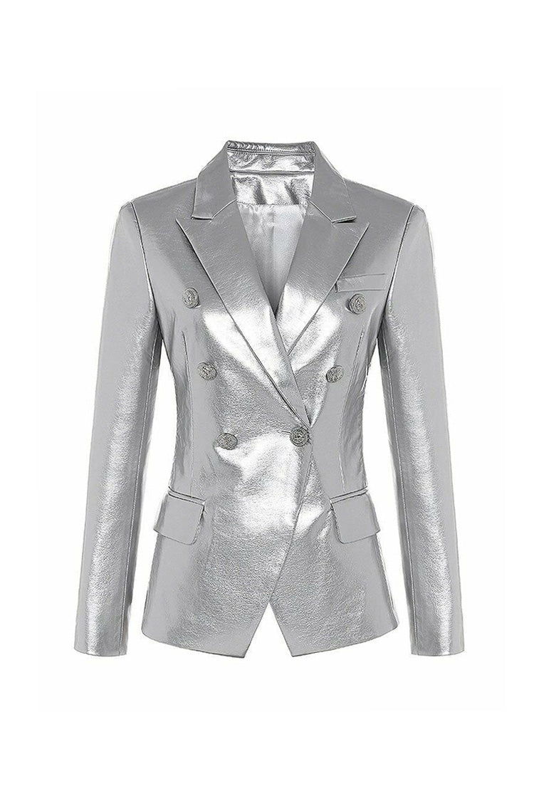 Chic Lapel Collar Long Sleeve Double Breasted Tailored Faux Leather Blazer