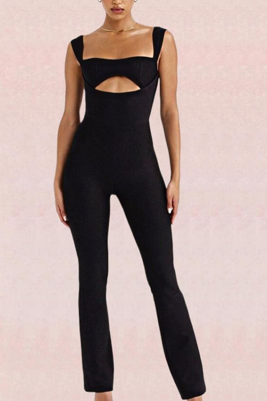 Woman wearing a figure flattering  Chloe Bandage Pants Jumpsuit - Classic Black BODYCON COLLECTION