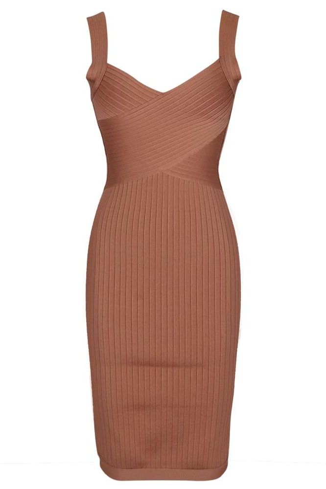 Woman wearing a figure flattering  Ciara Bandage Dress -  Tan Brown Bodycon Collection